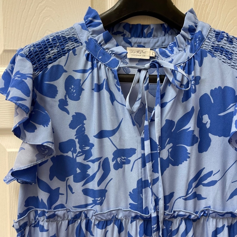 Shop The Mint Women's Large Show You Off Blue Floral Midi Tiered Dress